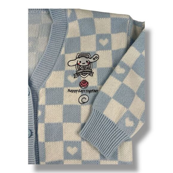 Sanrio  Cinnamonroll Hello Kitty Blue White Checkered Cardigan Sweater Size Medi - Picture 2 of 6